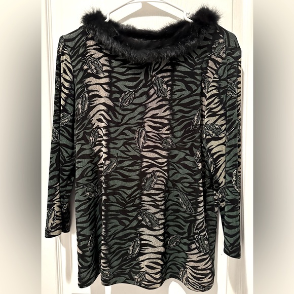 Vtg Christina Hope Sweater Animal Print + Leaves Metallic Accent Faux Fur Collar - Picture 1 of 4